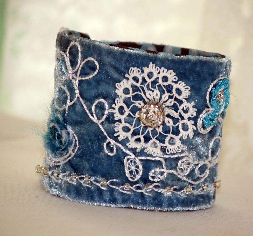 Hand Embroidery: Blue Velvet Fabric Cuff Hand Embroidered