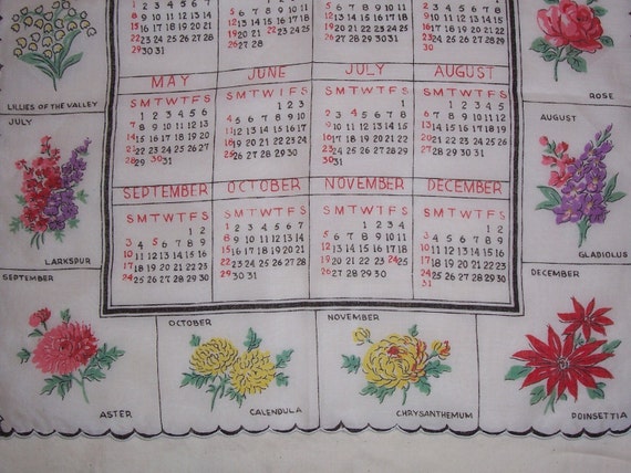 Vintage 1961 Calendar Hanky