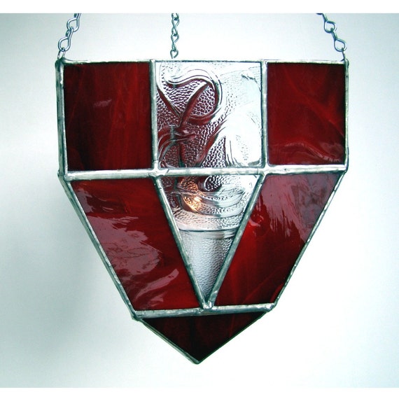 SALE Red Stained Glass Hanging Lantern Candle Holder