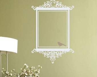 Monogram Antique Scroll Frame & Bird Wall Decal • Picture Frame Wall Decal • Rectangle Wall Decal with Bird Accent • Monogram Wall Decal