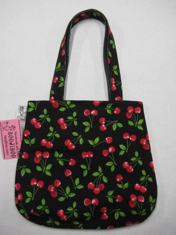 Red Cherries on Black Rounded Purse Tote Bag