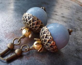 Angel blue acorn earrings beaded oxidized antiqued brass and natural angelite gemstone beads nature inspired vintage chic jewelry