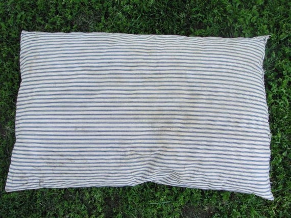 VINTAGE BLUE STRIPED FEATHER PILLOW OLD TICKING COUNTRY