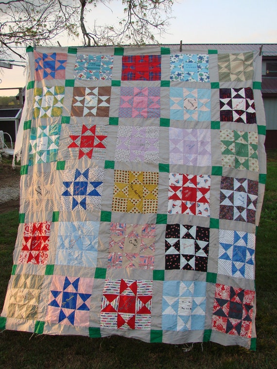 Vintage Star Pattern Friendship Quilt Top Embroidery Names