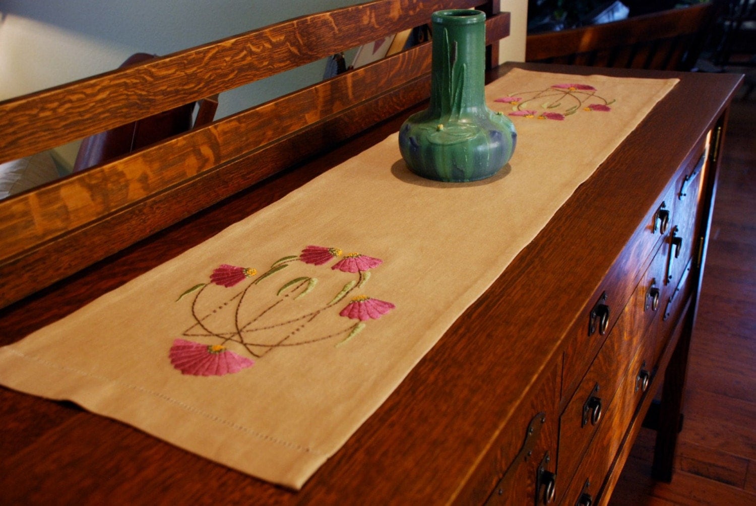 Hand Embroidered Silk Table Runner Arts and Crafts Craftsman