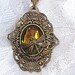 Victorian Style Brass Filigree Pendant Necklace With Glass Gem And Dragonfly
