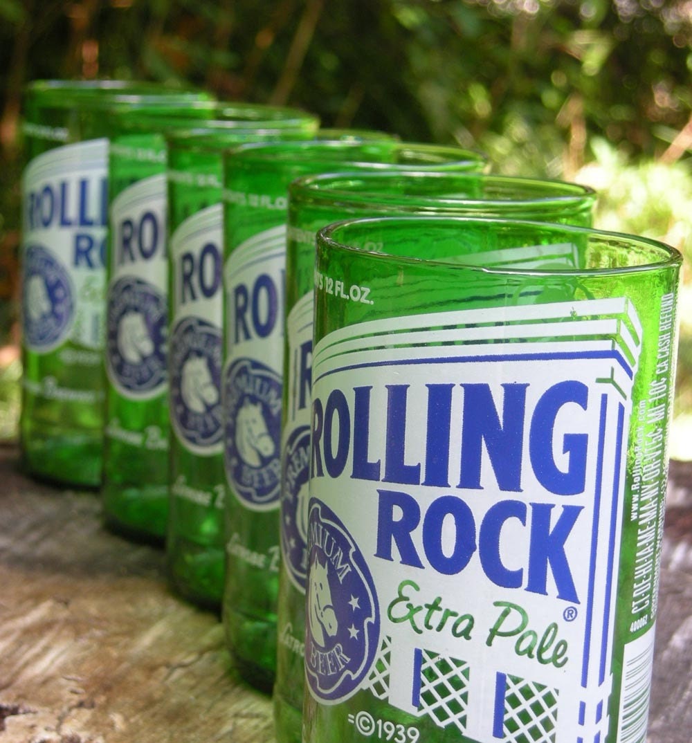 Recycled Rolling Rock Beer Bottle GlassesSIX PACK