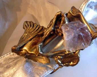 Brutalist Copa Collection - Silver Metallic Leather Belt With Amethyst Buckle- Carvalhu Rio Mid Century Modernist Sculpture - Handmade OOAK