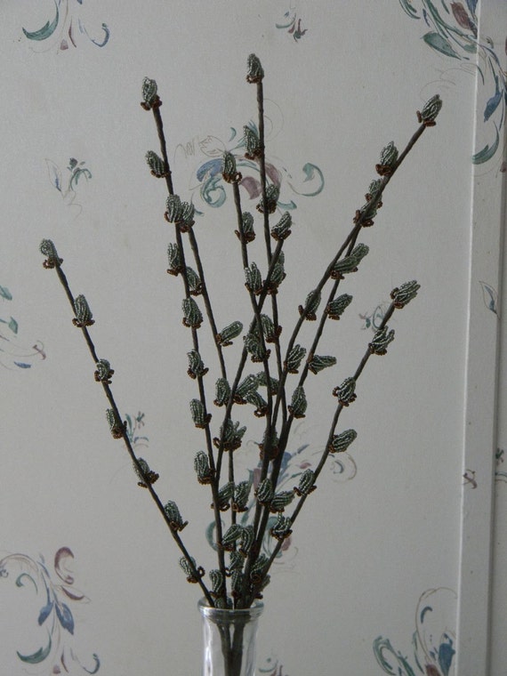 French Beaded Flowers Pussy Willow Branches 3 Branches Dark Gray