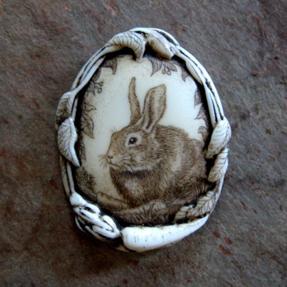 bunny rabbit pin/pendant carrot wildlife scrimshaw technique