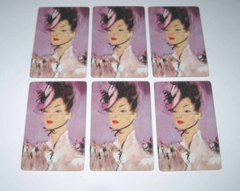 Vintage Playing Cards with Pretty Lady in Hat and Purple Background Set of 6