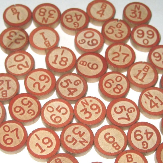 Lot of 39 Vintage Wooden Bingo Game Pieces with Red Numbers