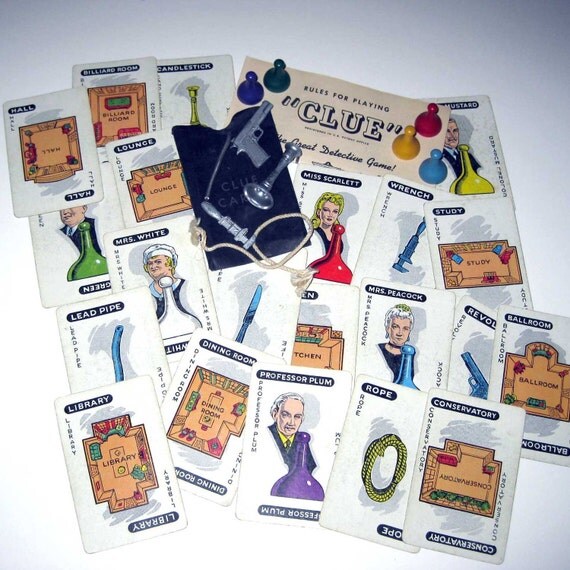 Vintage 1940s Clue Game Pieces Cards and Weapons