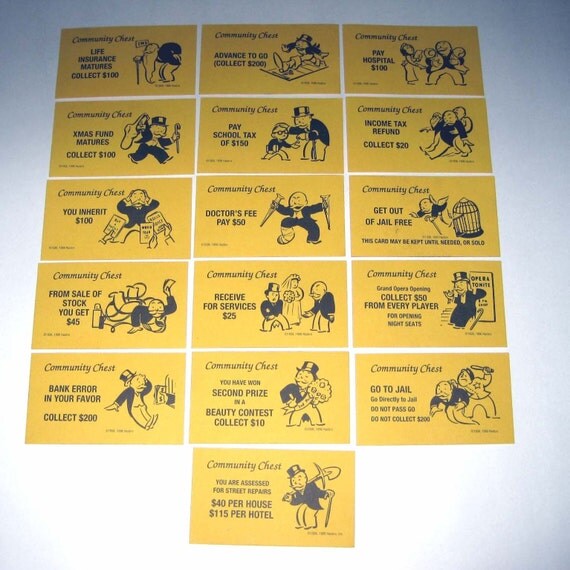 Lot of 15 Vintage Monopoly Community Chest Game Card Pieces