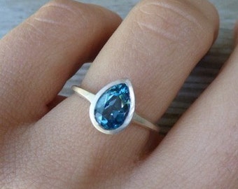 London Blue Topaz Pear Ring, Pear Shaped Gemstone Ring in Sterling Silver, Blue Topaz December Birthstone Jewelry
