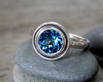 Swiss Blue Topaz Halo Ring in Tarnish Resistant Sterling, Made To Order