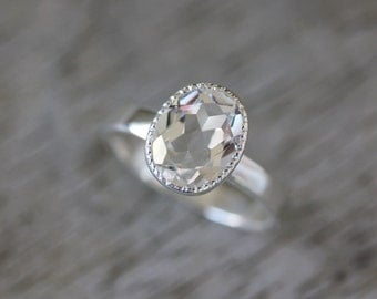 Vintage Inspired Handmade Engagement Ring, Milgrain White Topaz Ring in Sterling Silver, Made To Order