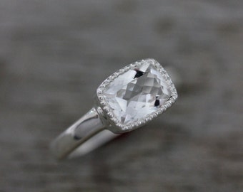 Vintage Inspired White Topaz Cushion Cut Ring in Sterling Silver and Millgrain Bezel, Made To Order