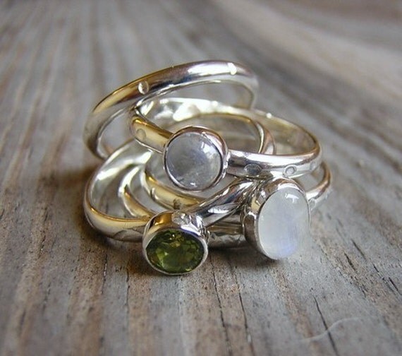 New Moon Peridot and Moonstone Stacking Rings