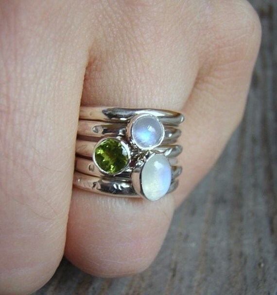 New Moon Peridot and Moonstone Stacking Rings