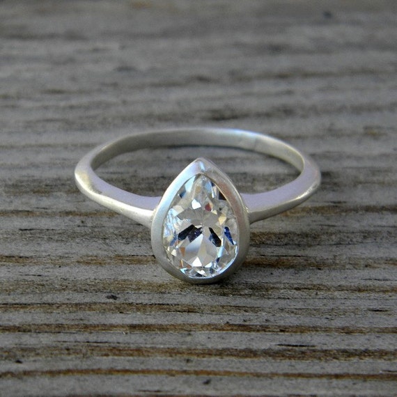 White Topaz Gemstone Ring, Pear Shaped Ring in Sterling Silver, Made To Order