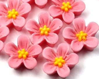 Plastic Flower Cabochons 14mm Matte Pink and Yellow (6) PC310