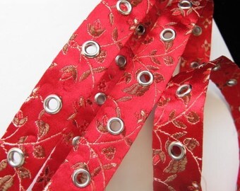 1 yard 12" Floral Satin METAL EYELET GROMMET tape red. 3/4 inch wide. 540-A