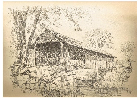 Items similar to Vintage 1960's Jack Frost Print, Old Covered Bridge ...