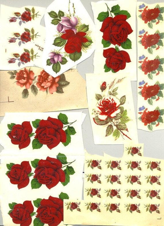 Vintage 1970's Rub on Transfers Red Roses Flowers