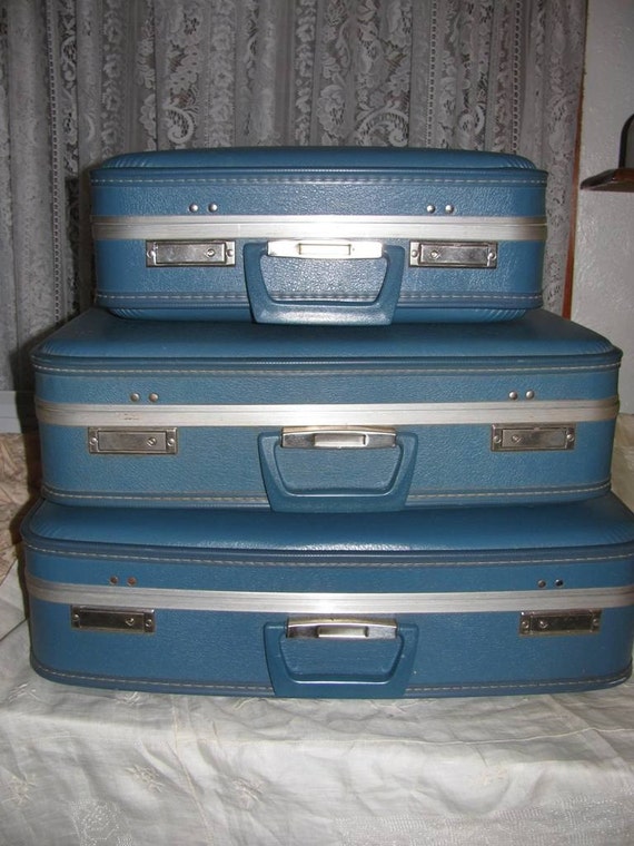 Vintage 1970's Trio Luggage Set Sky Blue Small Medium