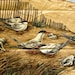 Nautical Quilt Fabric Panel, Seagulls, Beach, Sand, Ocean, Sand Dunes, Fence, Ocean Waves