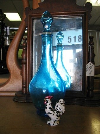 Vintage Belgium Liquor Bottle Teal Turquoise Glass Retro