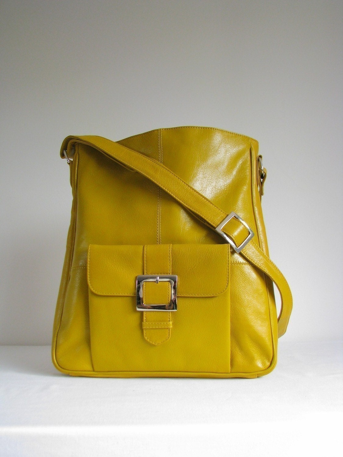 Yellow Leather Pocket Messenger Bag