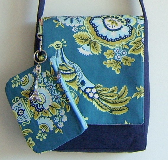 Peacock bird messenger bag and pouch git set in rare Amy Butler fabric