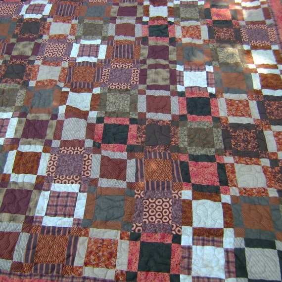 Brown burnt orange and tan queen size quilt by 4quiltsandmore