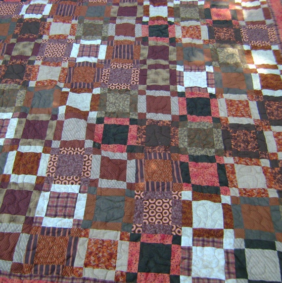 Brown burnt orange and tan queen size quilt