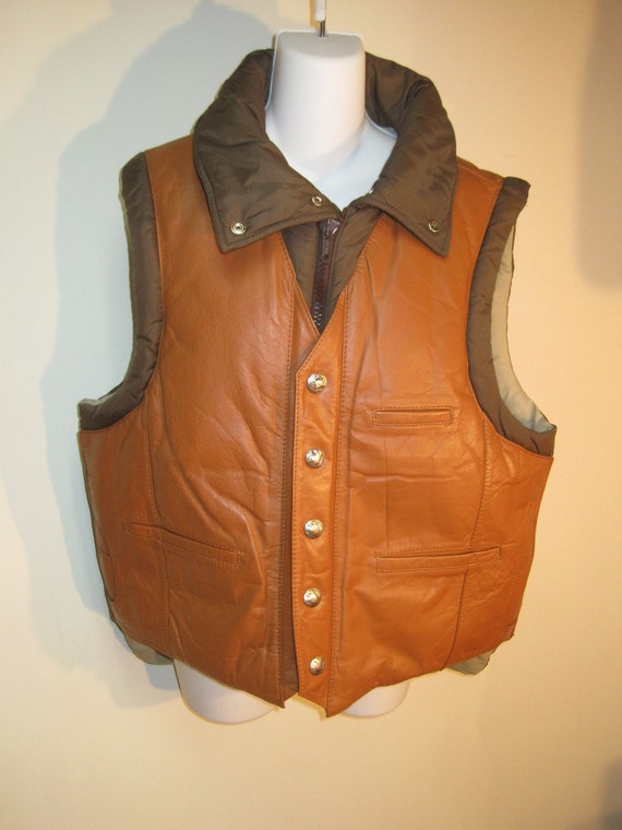 Mens L Vintage Down Leather Yoke Vest Equestrian Western