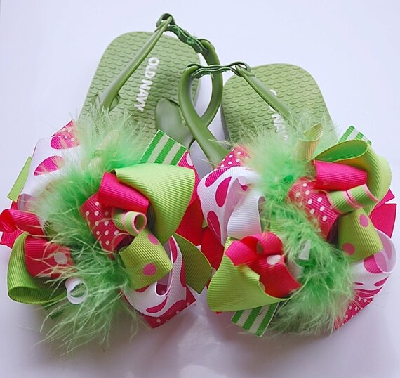 Items similar to boutique FUNKY fun pink green POP pair of flip flop ...