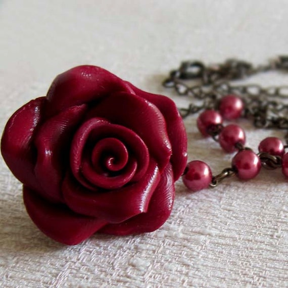 Burgundy Rose Necklace Handmade Polymer Clay Rose Necklace