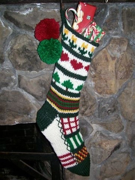 Old Fashioned Hand Knit Classic Christmas Stocking in Sampler