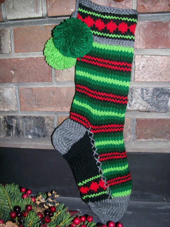 Old Fashioned Hand Knit Christmas Stocking in Multi Greens and