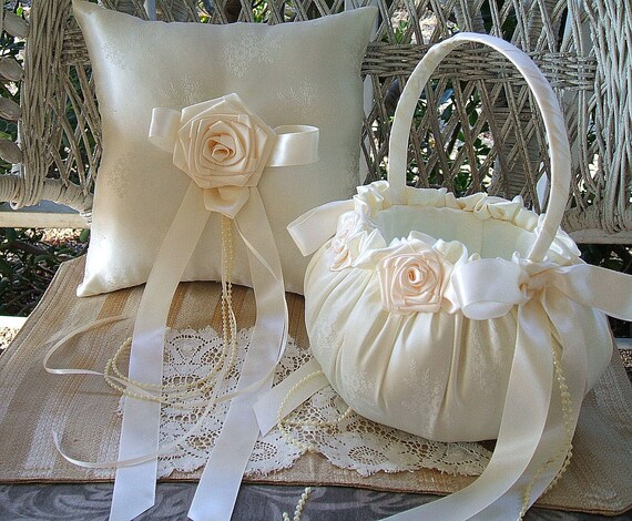 VICTORIA  Flowergirl Basket & Ring Pillow HANDMADE Available in White or Ivory