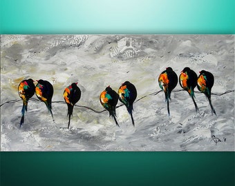 Abstract Painting, Art, Acrylic Painting, Large Painting, Birds On A Wire, Painting, Love Birds, Art, Wall Art, Wall Decor, Made To Order