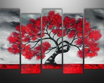 Abstract Painting, Tree Painting, Landscape Painting, Large Painting, Wall Art, Wall Decor, Art by Gabriela, Black White red, Made To Order