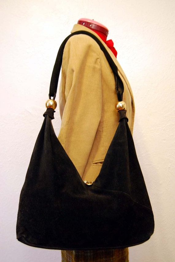 Vintage black suede double zipper hobo bag