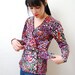 vintage 1970s / wrap / kimono / style / blouse / jacket / floral / puff sleeve / S