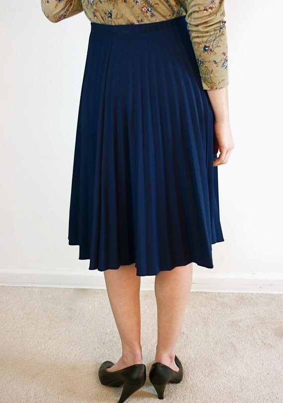 Navy Blue Pleated Knee Length Skirt