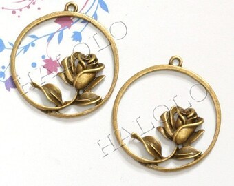 6pcs antique bronze finish rose flower pendant 33mm BN168