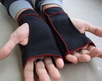 Recycled Fleece Black Xmittens Fingerless gloves with Red thread details- SIZE LARGE, SALE