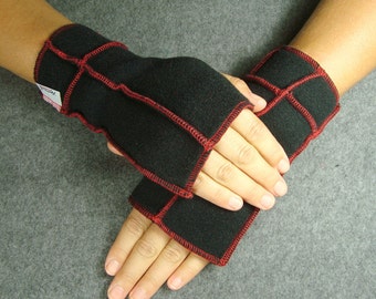 Black Fingerless Mittens, recycled fleece, red thread details, vegan, MEDIUM- SALE